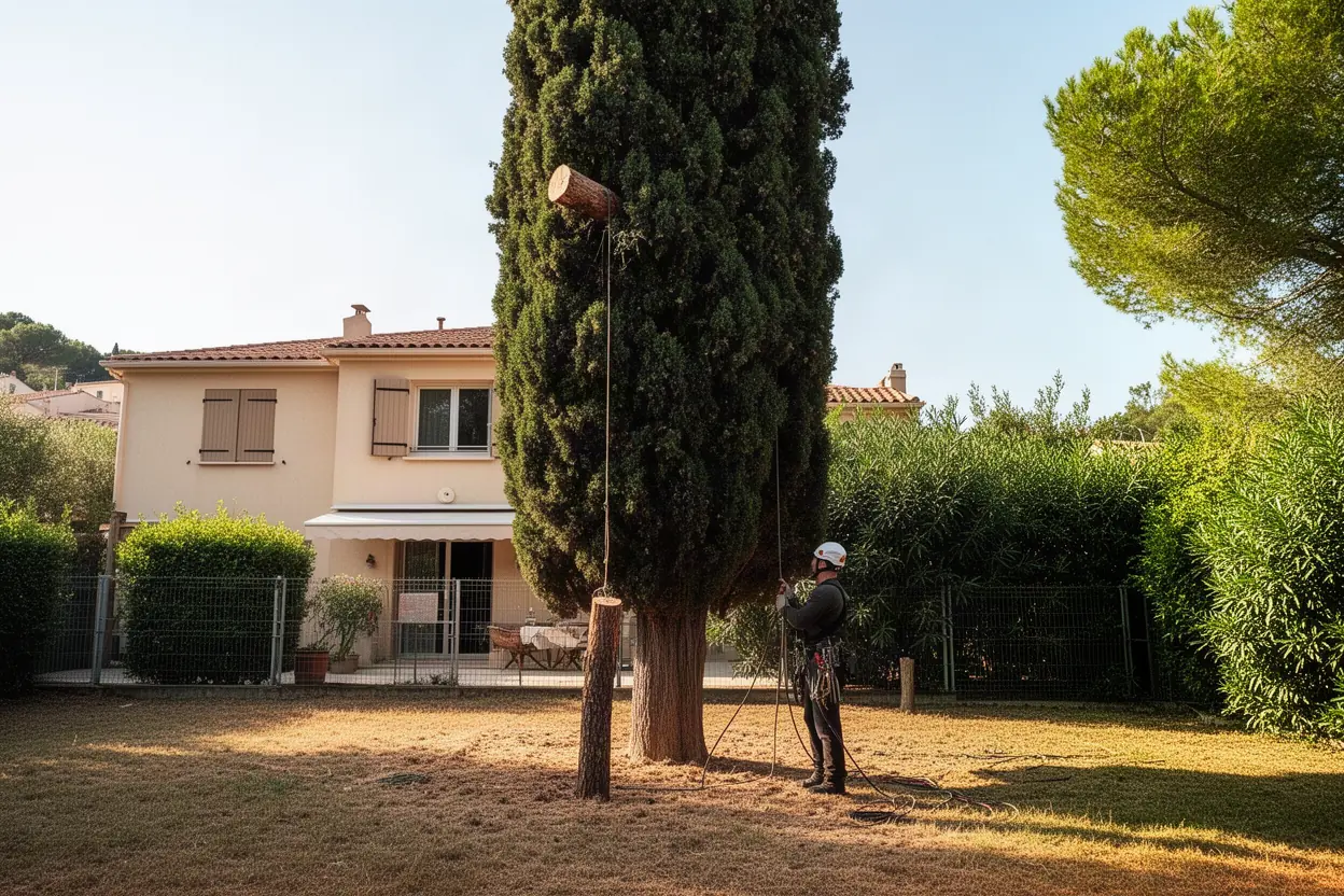 Arboriste démontant un arbre dangereux près du Cap d'Antibes