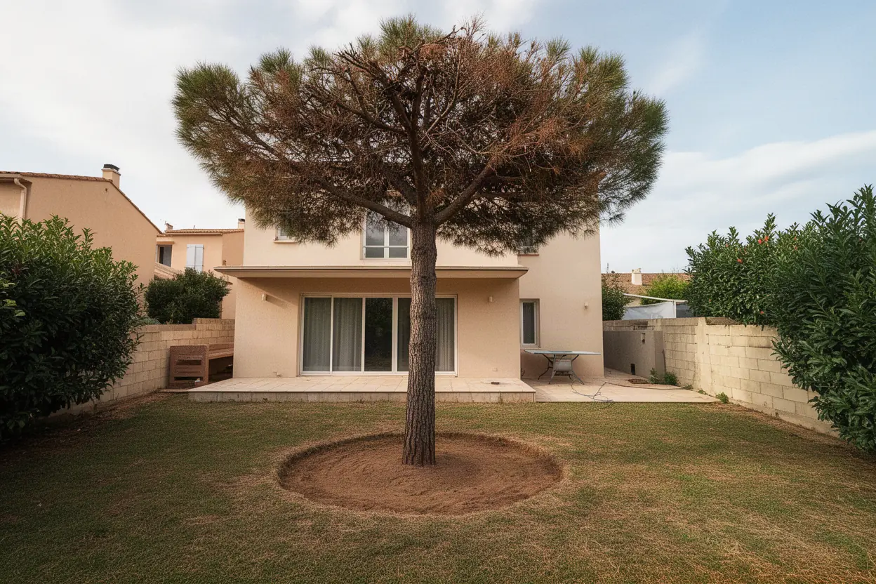 Pin dangereux avant démontage dans un jardin à Antibes
