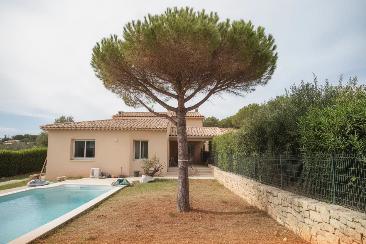 Pin dépérissant près d'une piscine à Biot