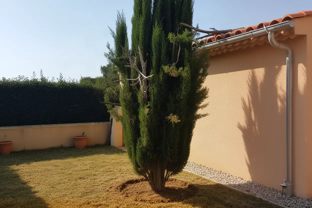 Cyprès touchant une toiture à Vallauris