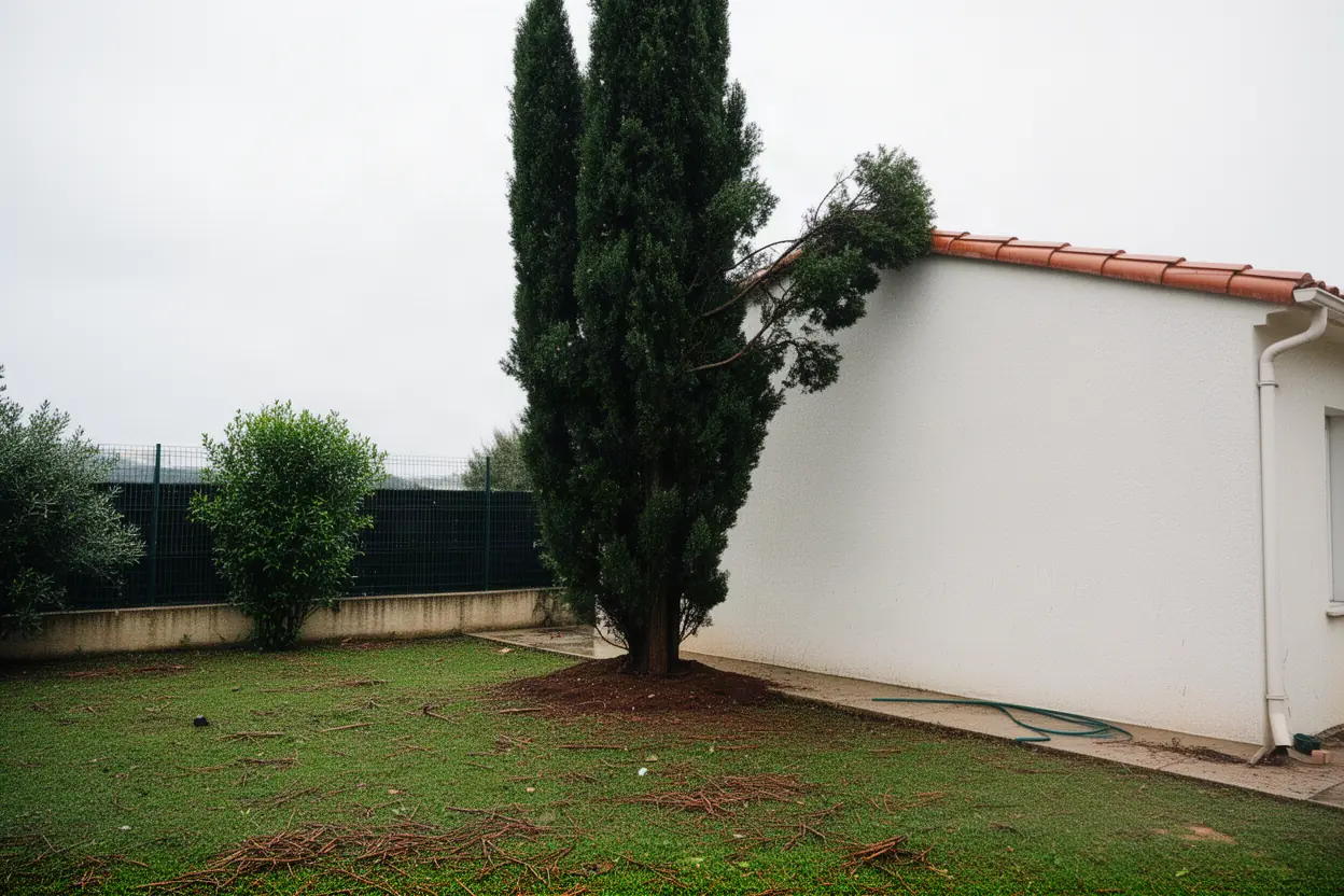 Cyprès incliné contre une maison à Biot