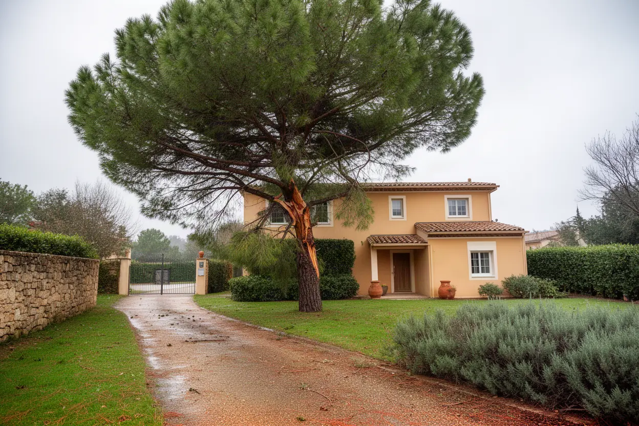 Pin fendu menaçant une allée de villa à Mougins