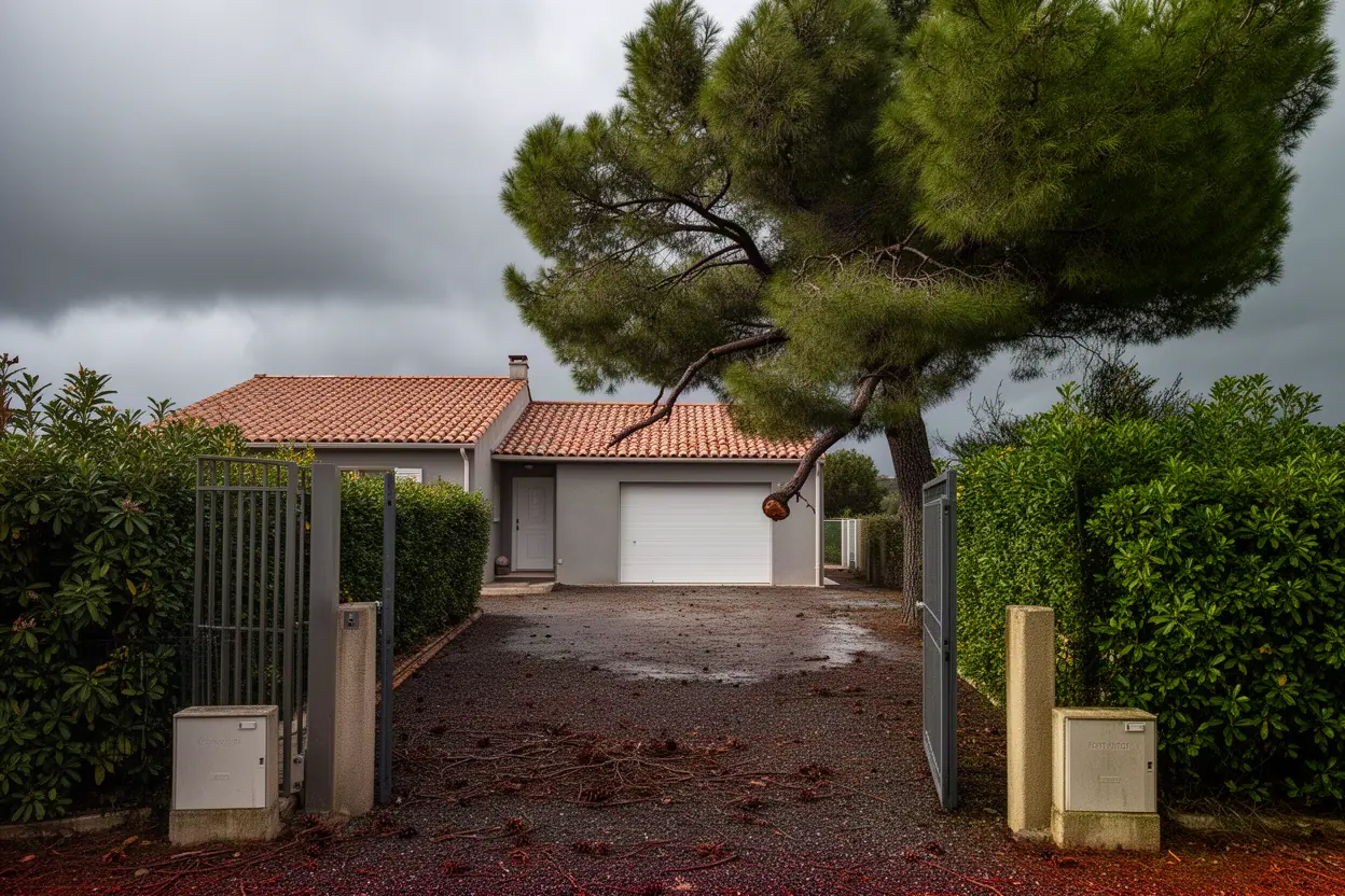 Branche suspendue au-dessus d'une allée à Villeneuve-Loubet