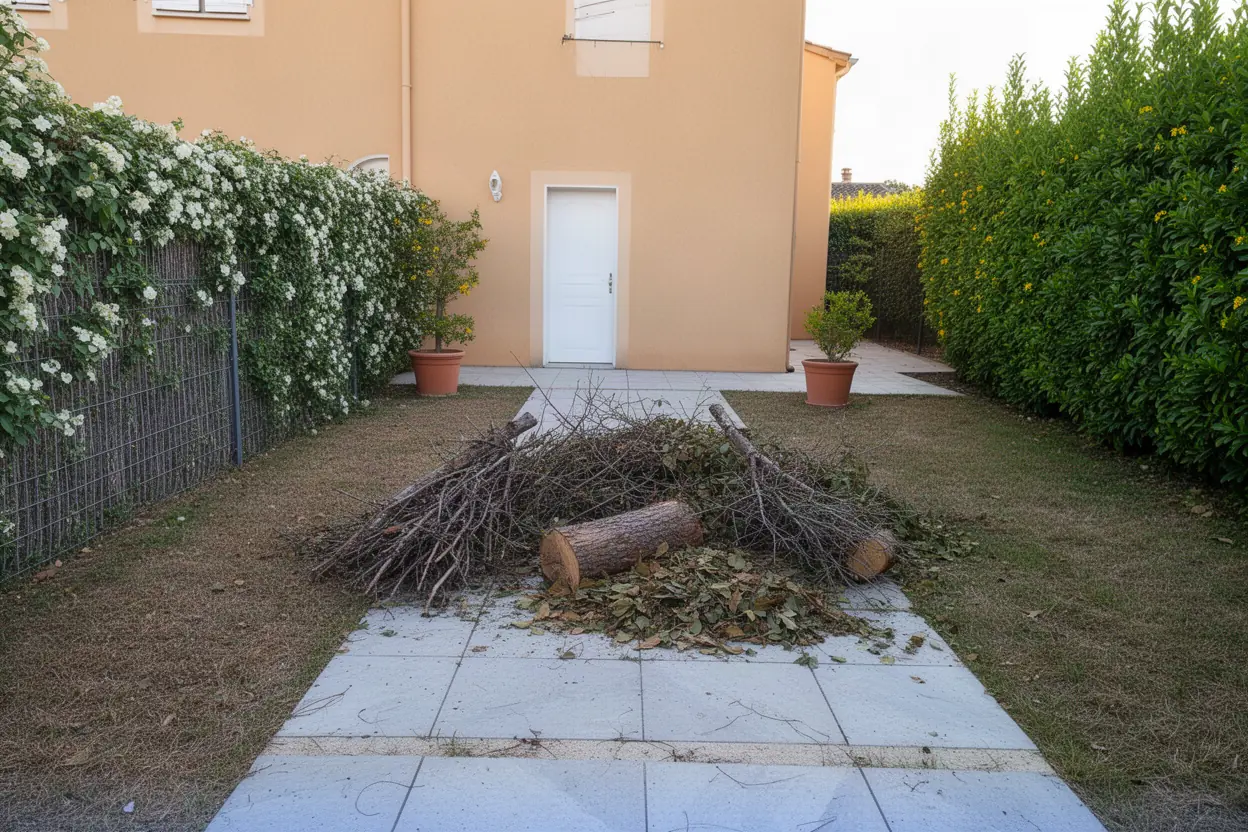 Déchets d'élagage regroupés dans jardin à Valbonne