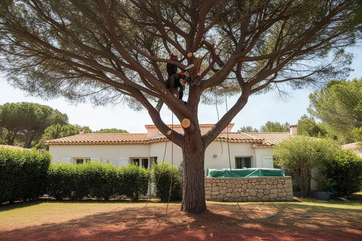 Élagueur taillant un pin dans un jardin à Antibes