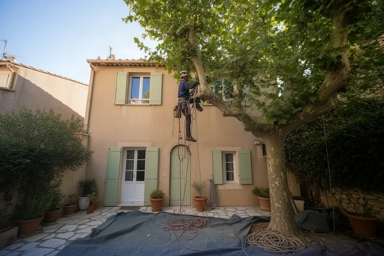 Élagueur grimpeur sur cordes dans Cannes Californie