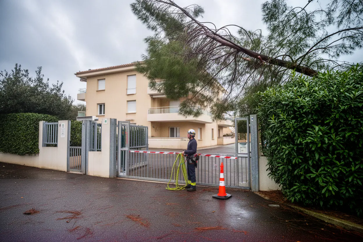 Élagueur sécurisant une branche cassée après vent à Antibes