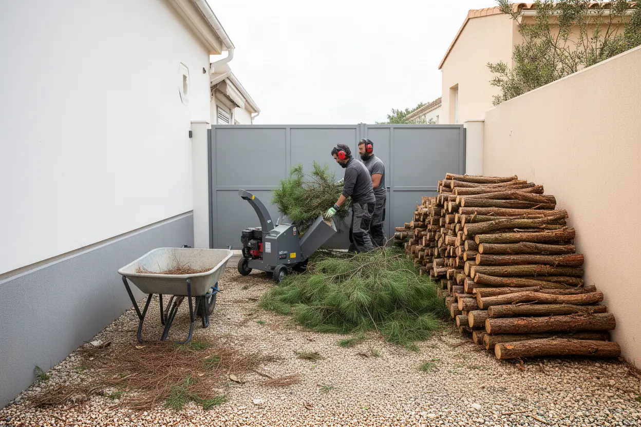 Équipe broyant des branches après chantier à Cannes
