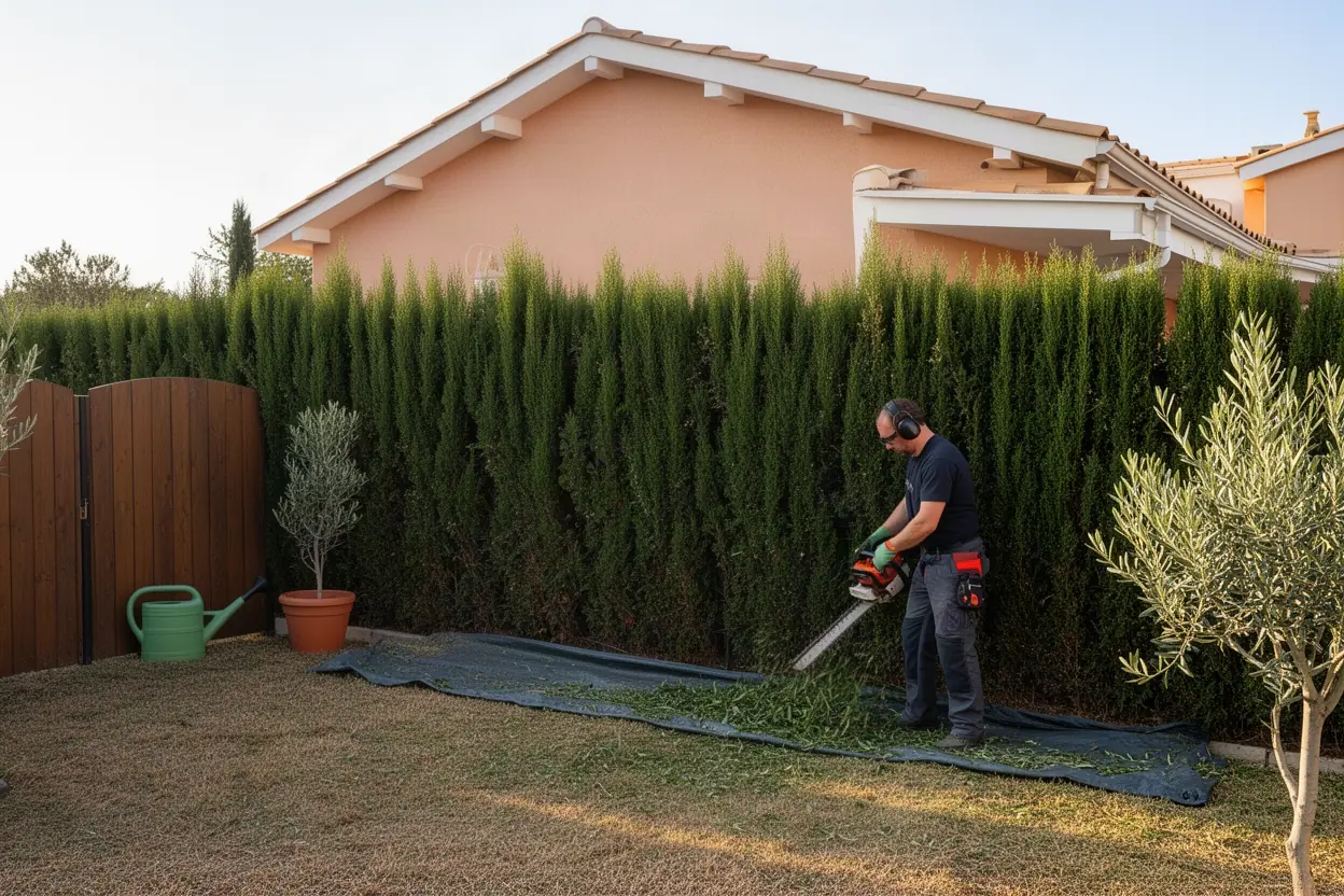 Jardinier taillant une haie de cyprès à Cannes